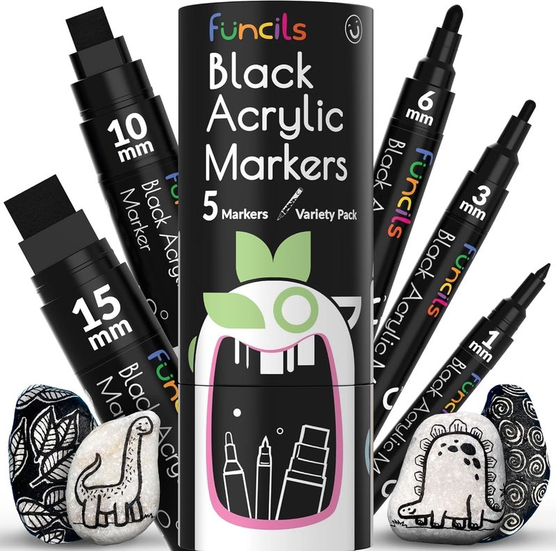 Funcils 5 Acrylic Black Paint Pen - Fine Tip, Thin Point & Jumbo Pens (1mm, 3mm, 6mm, 10mm, 15mm) - Black Paint Marker for Plastic, Canvas, Wood, Rock Painting, Fabric, Tire, Metal, Glass - Image 1